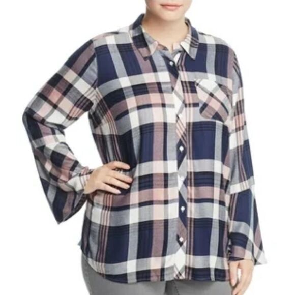 Two by VC L Navy White Blush Pink Plaid Textured Flannel Button Down Shirt - Picture 1 of 12